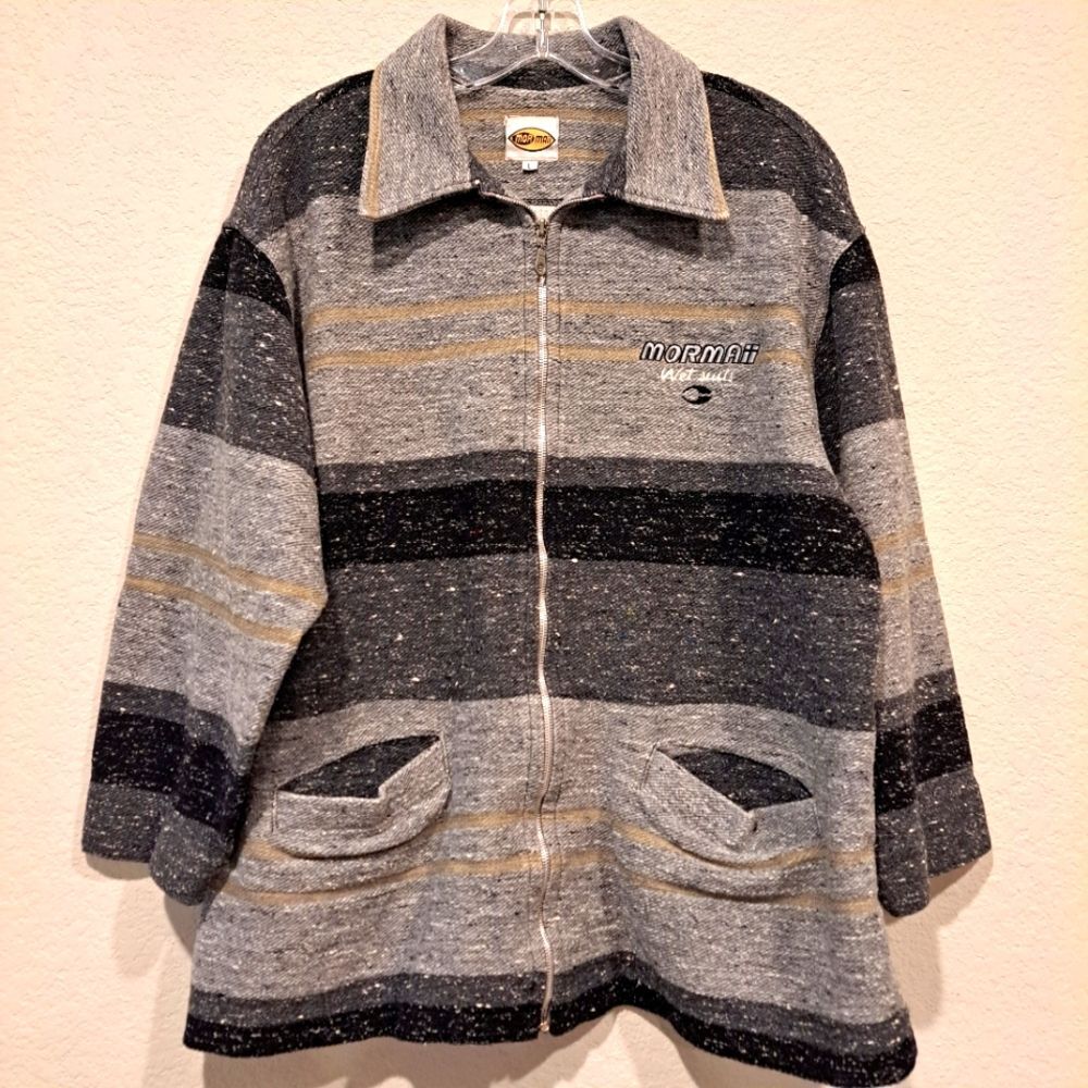 Mormaii Wetsuits vintage full zip shirt jacket shacket coat gray stripe unisex L
